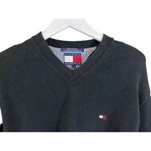 TOMMY HILFIGER Vintage 90s Men's Black Flag Logo V-Neck Sweater Size Large